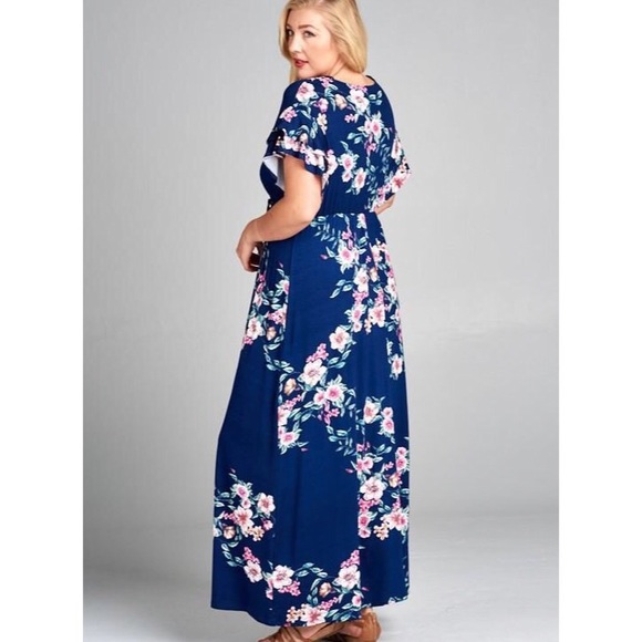 Plus Size Blue Floral Faux Wrap Maxi Dress - Picture 5 of 5